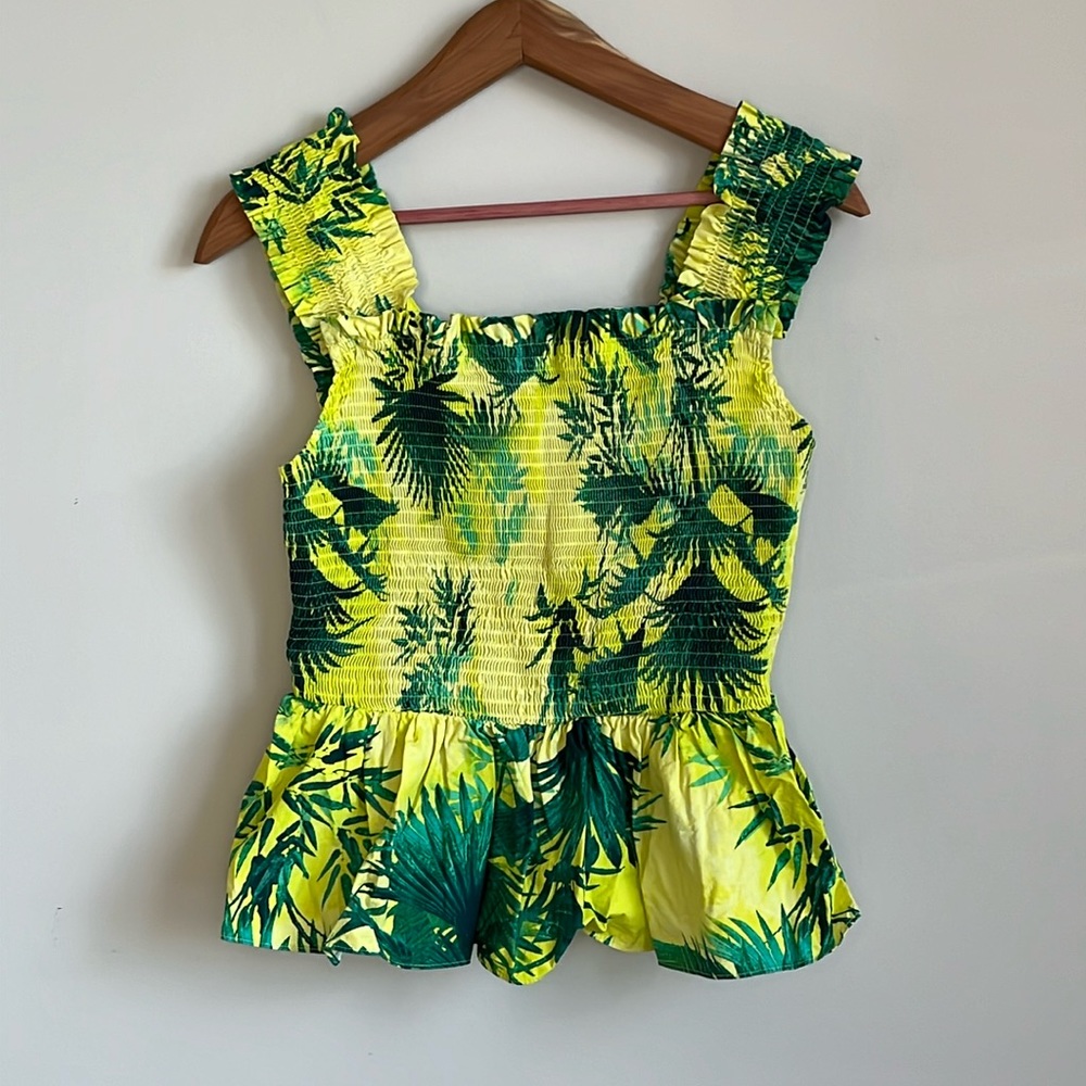 INC Tropical Green & Yellow Stretchy and Ruffled Tank Top Women’s Size L